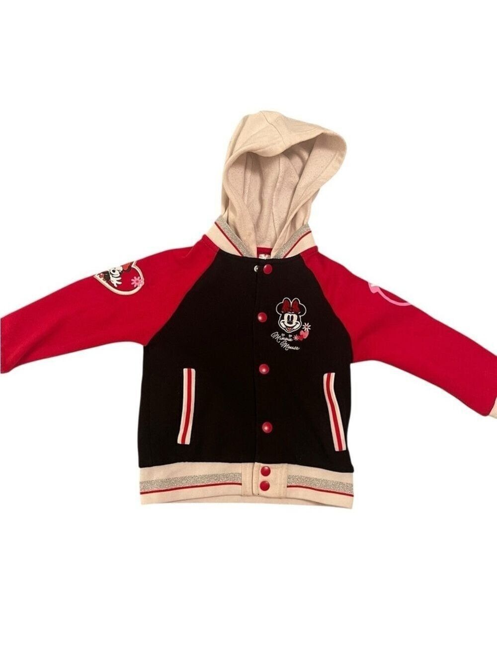 Disney Minnie Mouse Varsity Jacket With Hood Girls Black Red White Size: 5
